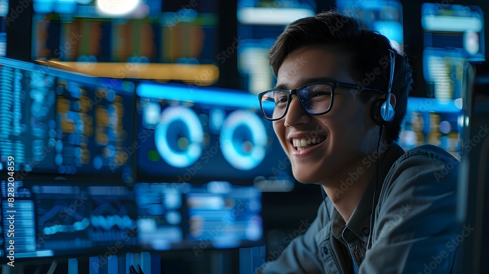 Poster cheerful young professional immersed in digital analytics and coding