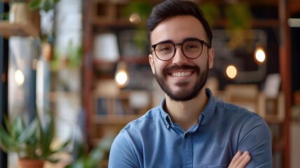 Fototapeta premium Cheerful Young Professional in Casual Office Setting Exuding Confidence and Success
