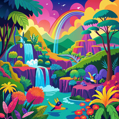 landscape with rainbow, Rainbow-colored rainforests with waterfalls and exotic birds