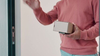 People hands, delivery and box with phone for POS, payment and transaction at home in courier services. E commerce with customer exchange for package and easy or fast distribution on mobile app order