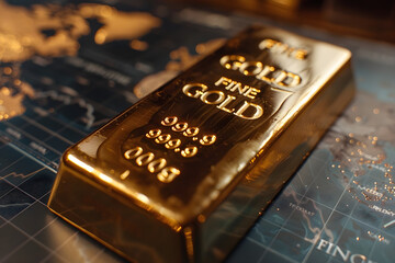 Shiny Gold Bullion Bar on Financial Chart Close-Up