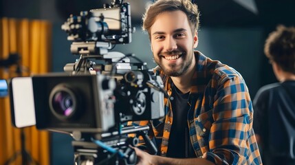 Confident Young Director Overseeing Film Production in Studio Setting