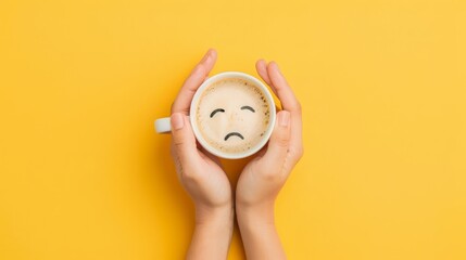 Holding a cup of coffee in one hand, the emotional expression of coffee, with a yellow background, this concept describes feelings of sadness and depression in the morning or at the end of the workday