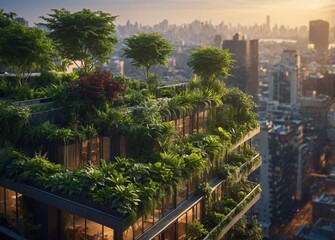 Fototapeta premium lush rooftop gardens that are perched above city skyscrapers, offering a green haven in the middle of the urban jungle and fresh air. environmentally friendly, sustainable construction. Eco-friendly c
