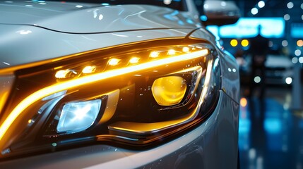 Car headlights with yellow light, a modern luxury vehicle in a showroom
