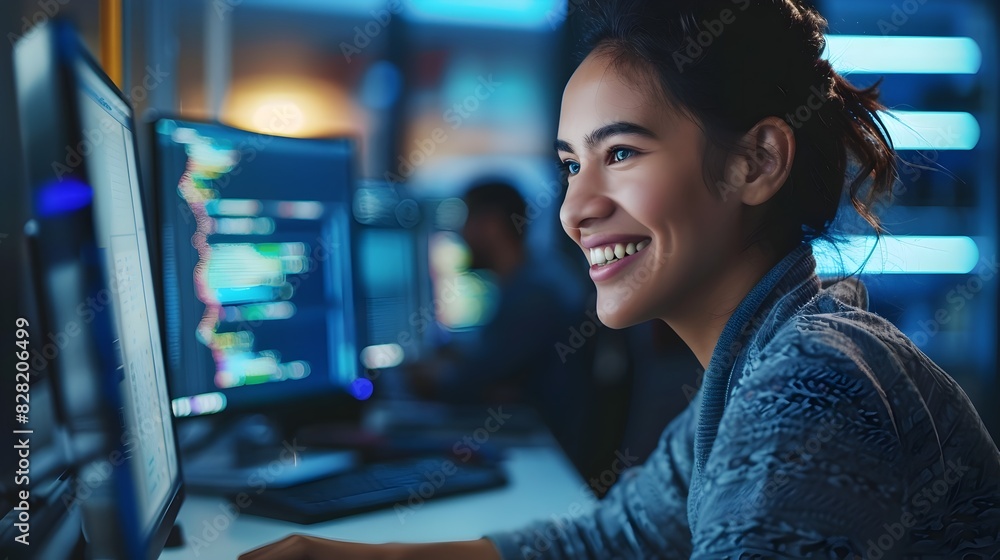 Poster enthusiastic young female computer scientist intently working on desktop computer