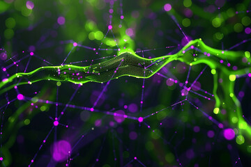 Mysterious tech design with an electric lime wireframe connected by purple plexus nodes.