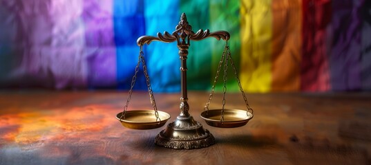 Scale of Justice on wooden table with rainbow flag on background. LGBT pride gay lesbian gender equality movement symbol. Generative AI technology.	
