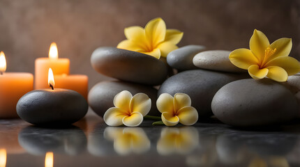 spa still life with Spa stone and flowers with candle.bright yellow flowers standing out, giving this photo a stable and relaxing look at a spa resort. and continuous improvement of the atmosphere in 