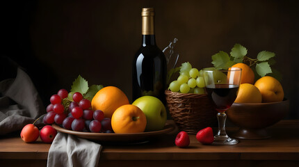  a still life composition featuring a bottle of red wine, a glass of wine, and an assortment of fresh fruits including grapes, oranges, apples, and strawberries. The arrangement is set against a dark 