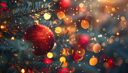 Close-up image of a sparkling red christmas ornament hanging on a fir tree branch with defocused warm glowing lights creating a magical holiday background - Powered by Adobe