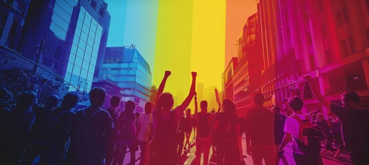 Fototapeta premium Silhouette crowd people at LBGT festival parade. Trans gay lesbian gender equality movement symbol. Generative AI technology. 