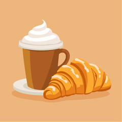 breakfast setting with a cup of coffee, a croissant, and whipped cream