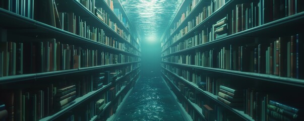 Surreal underwater library with endless bookshelves and a glowing light creating a mysterious atmosphere.