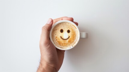 Holding a cup of coffee in one hand, the emotional expression of coffee, with a smiling face on a white background, the concept describes feelings of sadness and depression in the morning or at the en