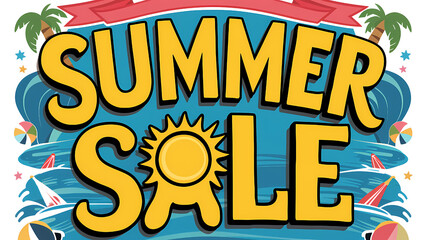 Obraz premium Retro and Colorful of Summer Sale Text Typography Design on The Beach Background with Copy Space Area.