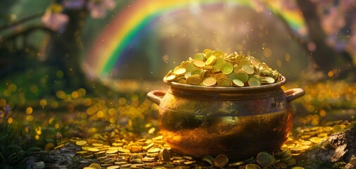 Create an enchanting scene of a golden pot filled with shimmering gold coins under a rainbow, capturing the magic and allure of St Patrick's Day folklore,