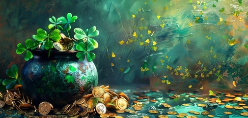 Depict a vibrant pot overflowing with lush green shamrocks and gold coins, symbolizing luck, prosperity, and the festive spirit of Irish heritage,