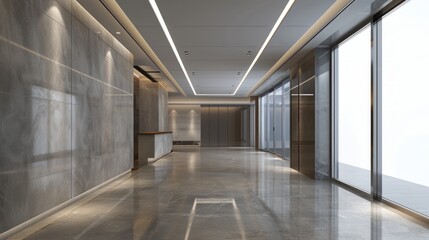 Fototapeta premium Spacious, well-lit corridor with a plain white wall surface and a green plant in a vase