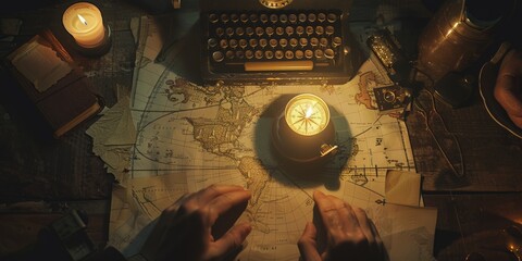 Vintage scene with hands on an old map, typewriter, and candlelight, capturing a nostalgic ambiance of historical exploration.