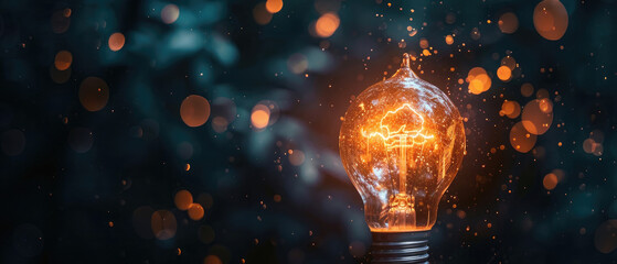 Glowing light bulb as a symbol of innovation, ideas, inspiration, creativity and invention on a wide dark background 