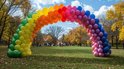 Colorful balloon archway in a park setting.