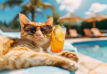 Funny ginger cat in sunglasses lying on sunbed and drinking cocktail at poolside
