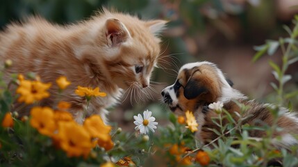 Kitten and puppy playing together in a garden full of blooming flowers,