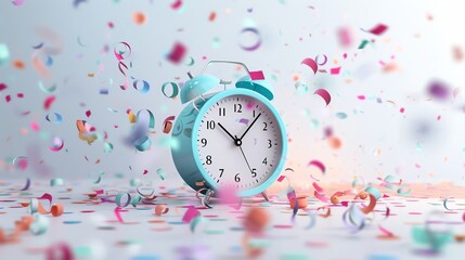 Alarm clock with floating confetti, 3D render, minimal design, white background, time management and reminder