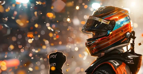  Race car driver formula one f1 celebrating in the grandstand with their helmet on, surrounded by confetti and lights © TigerDude