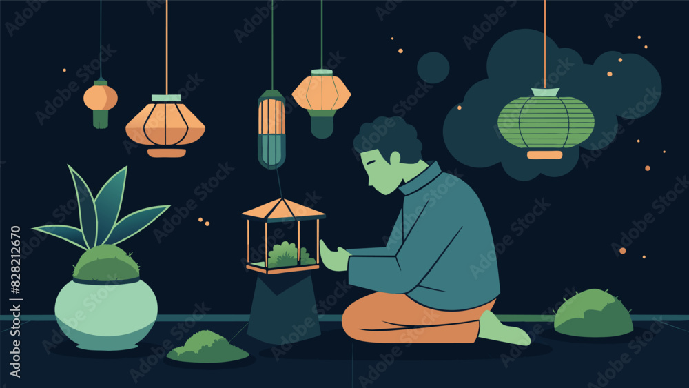 Poster under the soft glow of lanterns a person practices the ancient japanese art of kokedama creating tin