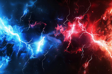 Red and blue vibrant lightning bolts on explosion background for patriotic events.