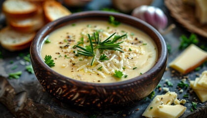 Sumptuous bowl of creamy queso dip is garnished with fresh herbs, ready to celebrate national queso day, accompanied by crispy slices of bread and cheese cubes