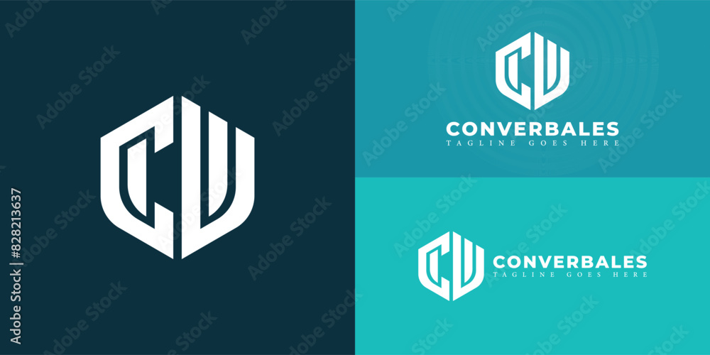 Poster abstract initial hexagon letter cv or vc logo in white color isolated on multiple background colors.