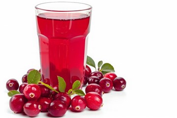 A refreshing glass of cranberry juice with whole and sliced cranberries on an isolated white background, showcasing the vivid red color