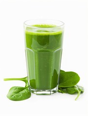 Freshly made green juice with kale and spinach in a glass, isolated on a white background, highlighting its detoxifying properties