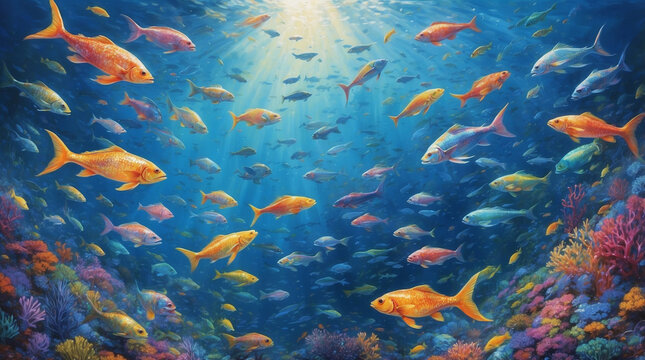 Depths of the ocean swims a school of shimmering fishes
