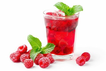 Clear glass of raspberry iced tea with fresh raspberries and mint leaves, isolated on a pristine white background