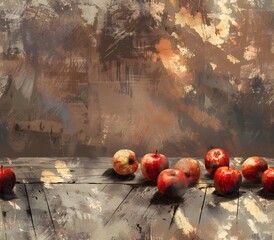 Glistening Red Apples on a Weathered Oak Table with Golden Sunset Shadows in a Charcoal Sketch Romantic Style