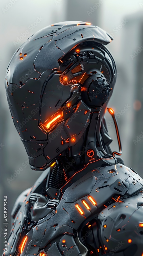 Poster formidable cyborg warrior in sleek biomechanical exoskeleton with glowing bionic limbs and advanced 