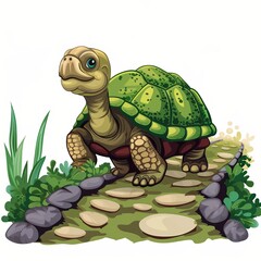 Obraz premium Wise tortoise slowly crossing a path vectro white background