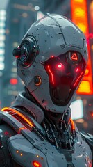 Fototapeta premium Formidable Cyberenhanced Supersoldier Wielding Pulsing Plasma Weaponry in Neon-Drenched Megacity