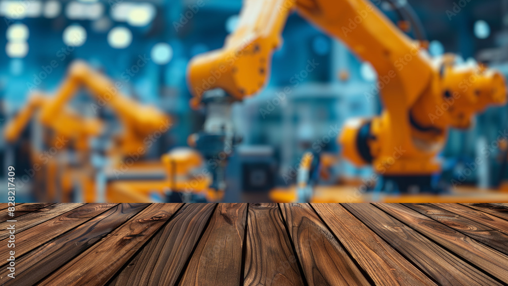 Aufkleber empty wood table top with blur background of factory with robotic arms. the table giving copy space 