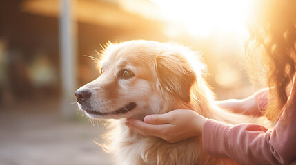 Woman holding dog's hand in the animal shelter, Adoption animal concept.