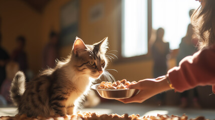 Women feed food for cat in the animal shelter, photo shot, natural light day