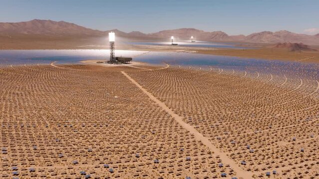 Aerial view of Ivanpah concentrated solar thermal plant in the Mojave Desert