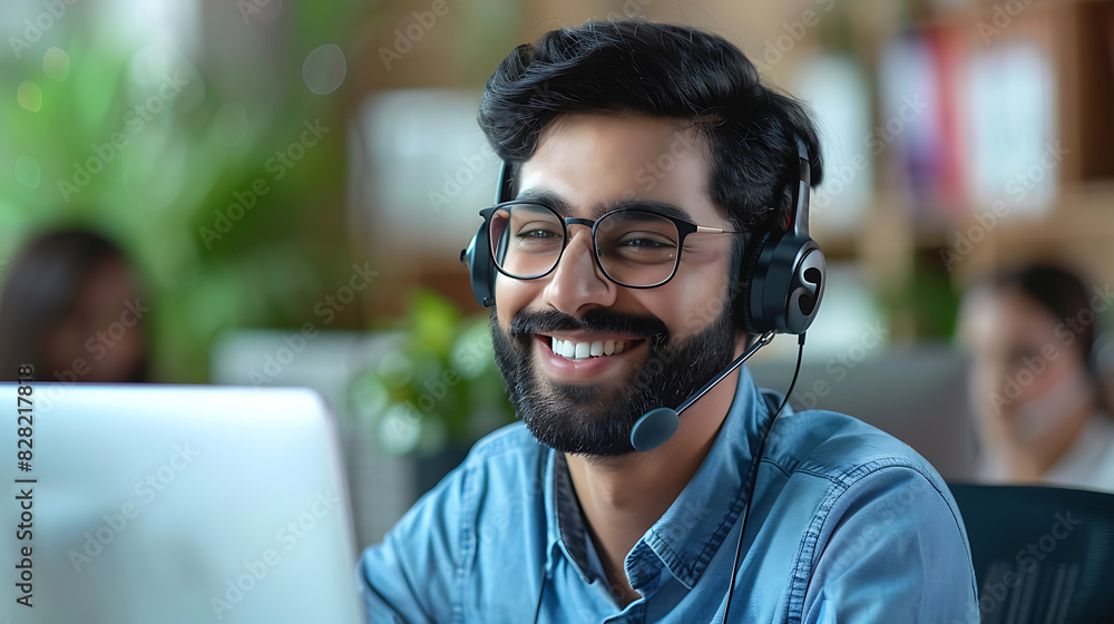 Poster happy indian call center agent with a headset chatting with a client in a customer support office. p