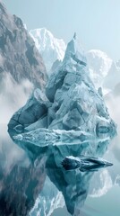 Obraz premium Jagged Geometric Rock Formations Protruding from Secluded Alpine Lake with Dramatic Shadows and Misty Atmosphere