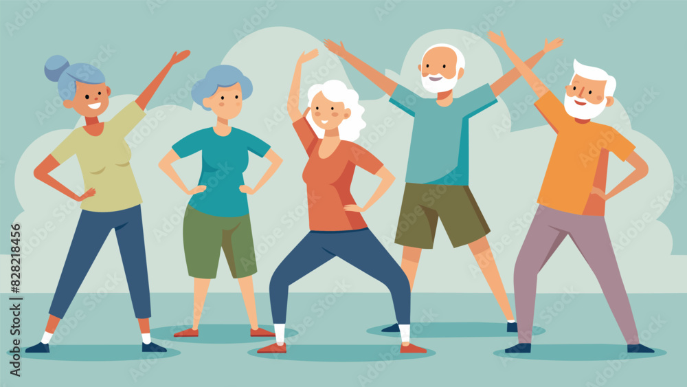 Poster a group of seniors in a fitness class following instructions to move their bodies in specific patter