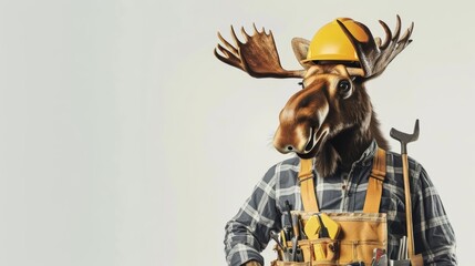 A moose dressed as a construction worker, with a hard hat and tool belt, on a solid white background with copy space